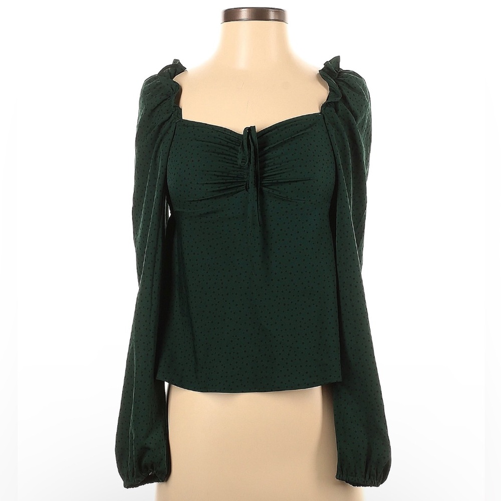 Topshop green blouse with black dots ruched tie front sweetheart neckline